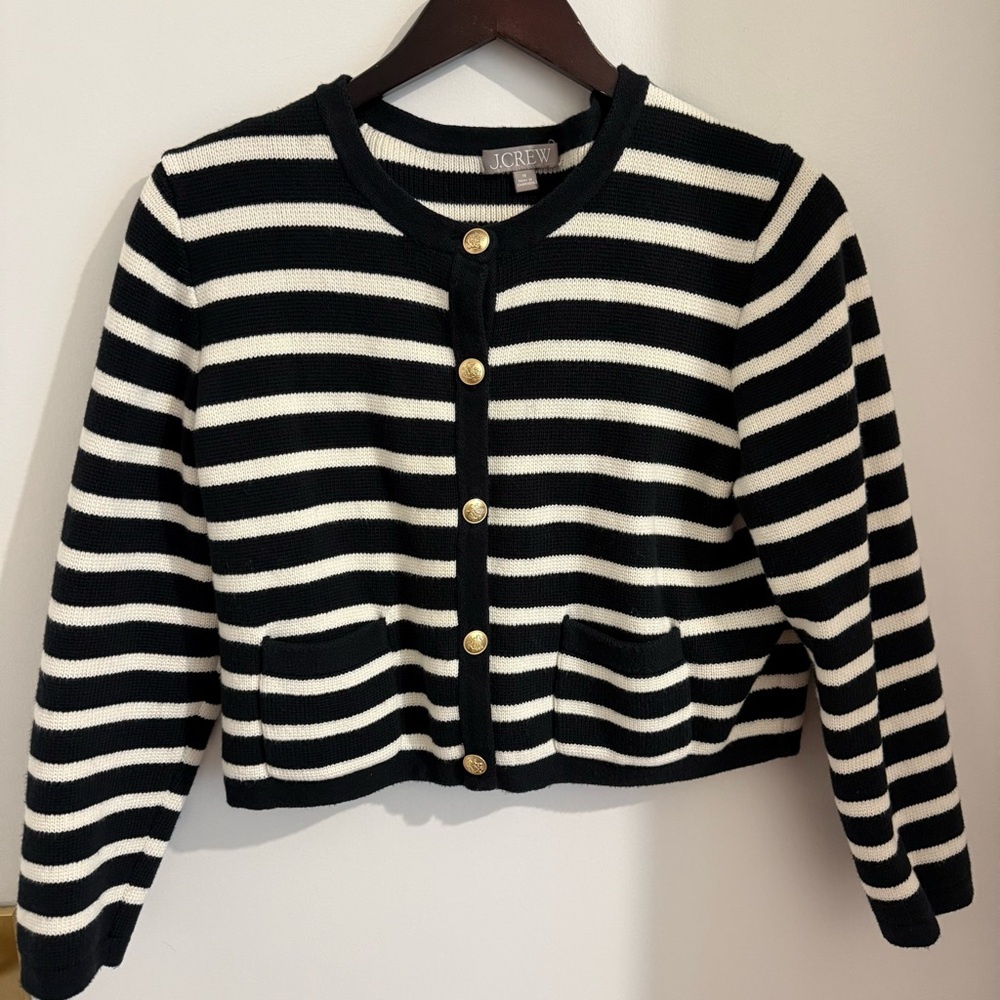 J.Crew Emilie Sweater Lady Jacket Black and Ivory Striped Cardigan